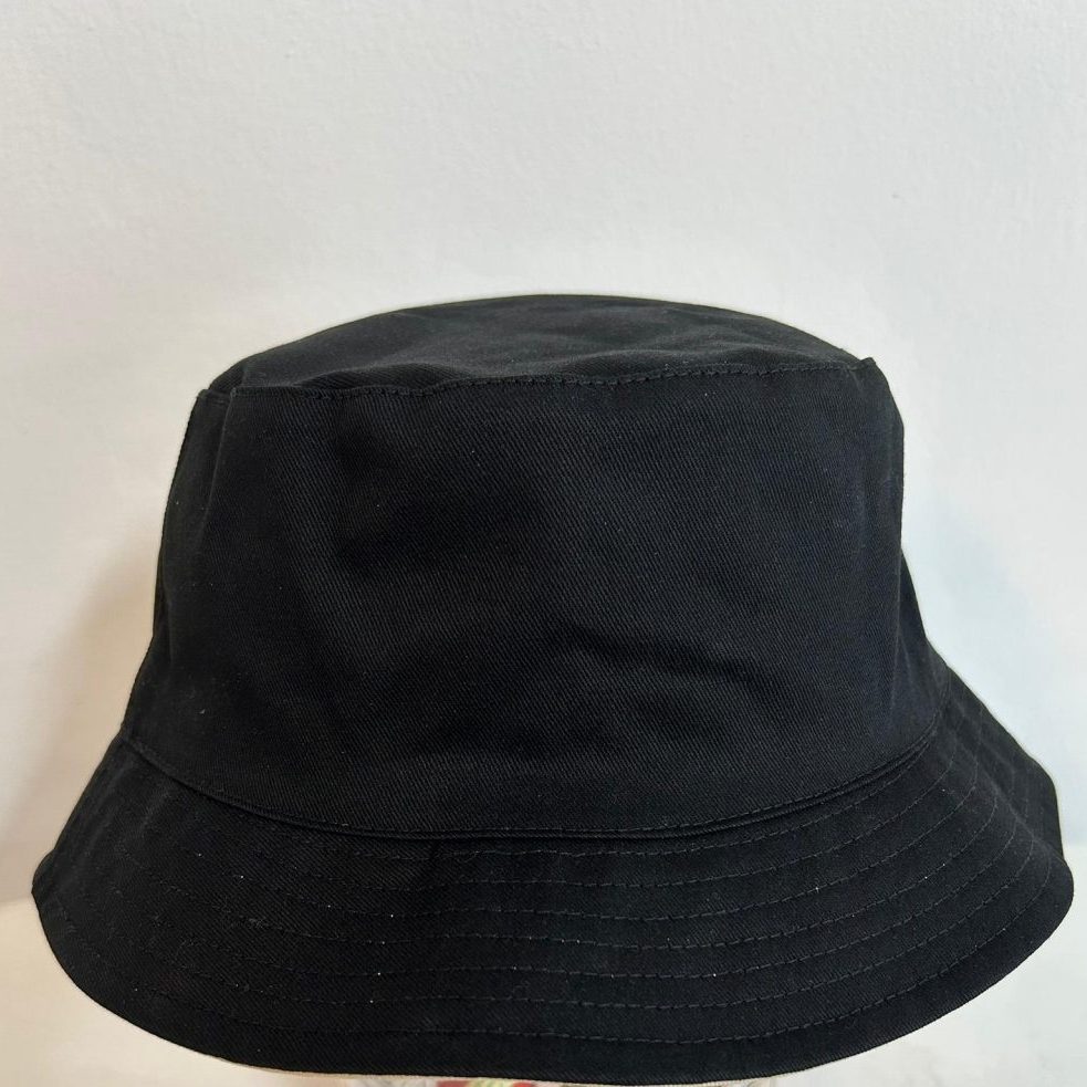 A black coloured customised bucket hat from the back