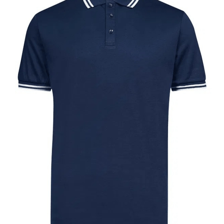 Image showcasing a navy polo shirt with stripes on the sleeves and collar